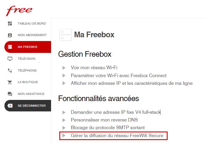 Panneau de configuration Freebox - Comment supprimer le Free WIFI Secure