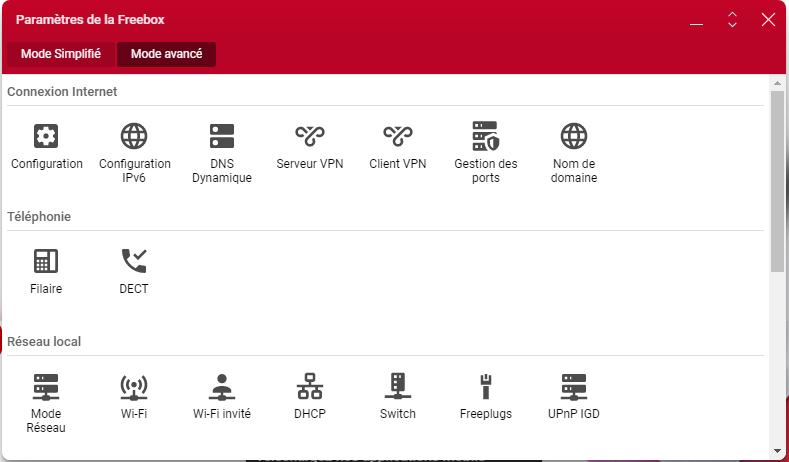 Panneau de configuration freebox