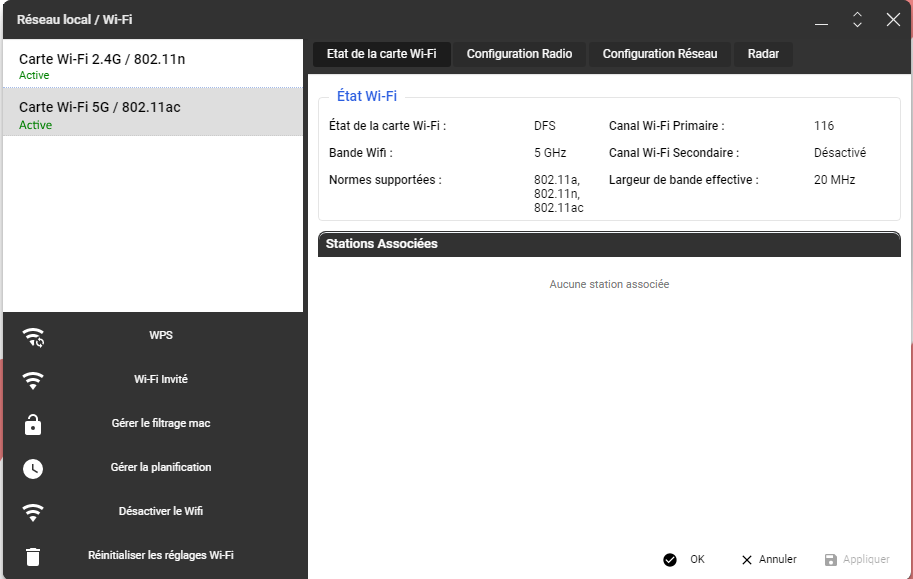 Panneau de configuration freebox - Réseau local Wifi