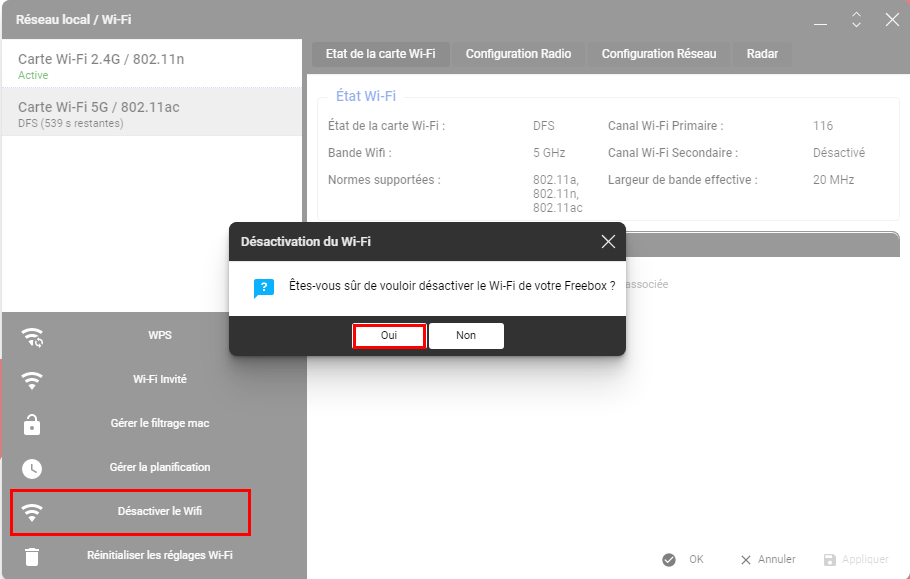 Panneau de configuration freebox - Réseau local Wifi