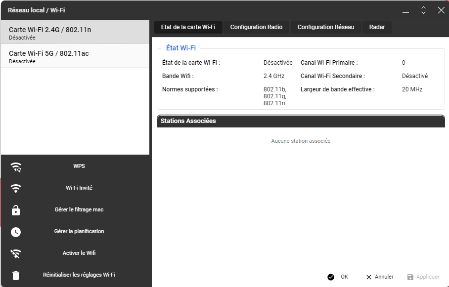 Panneau de configuration freebox - Réseau local Wifi