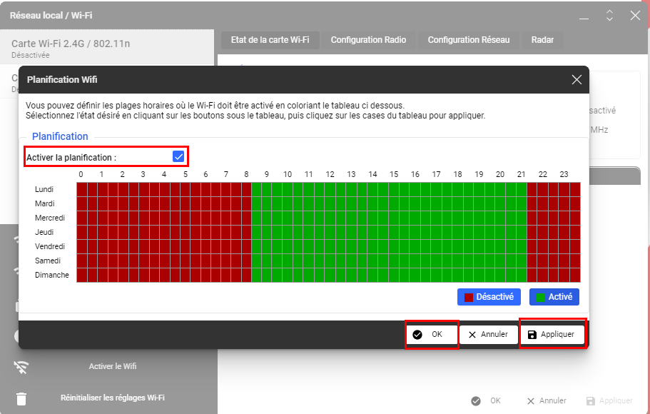 Panneau de configuration freebox - Planification Wifi