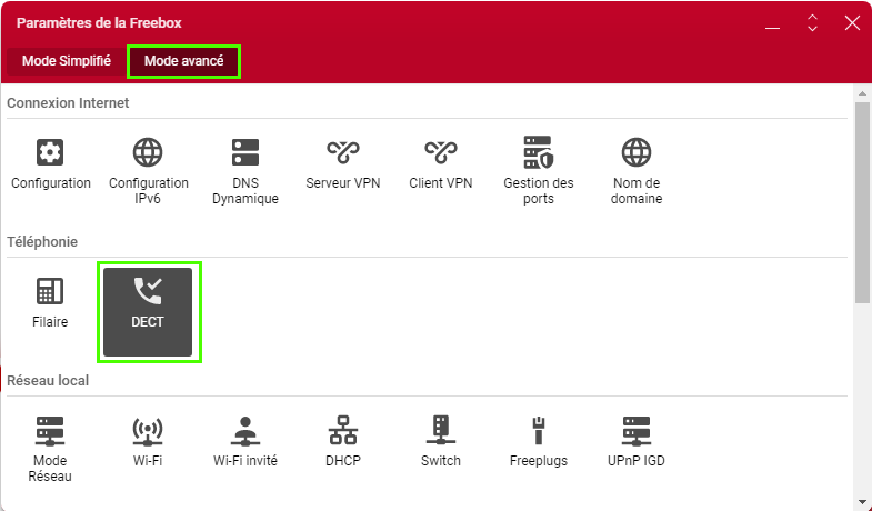 Panneau de configuration Freebox - Comment supprimer le DECT ?