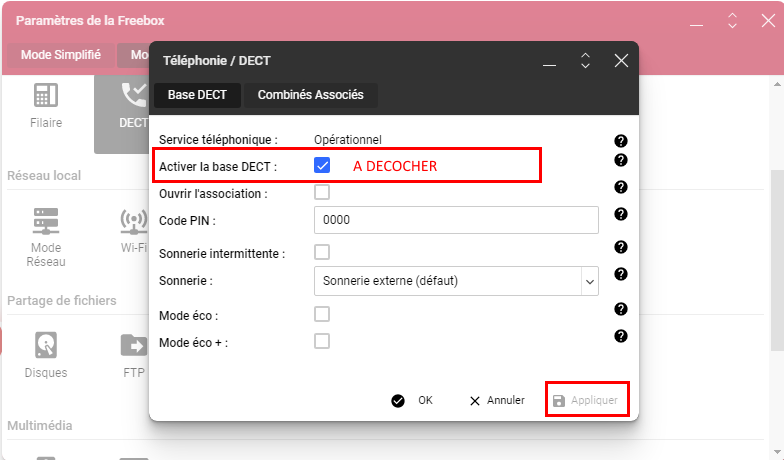 Panneau de configuration Freebox - Comment supprimer le DECT ?